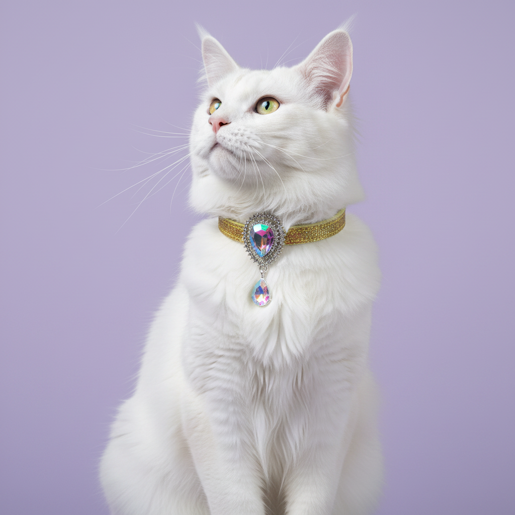 White Maine Coon with green eyes sitting upright and gazing upward wearing a gold glitter cat collar with an AB crystal oval centerpiece and a dangling AB teardrop pendant set in silver