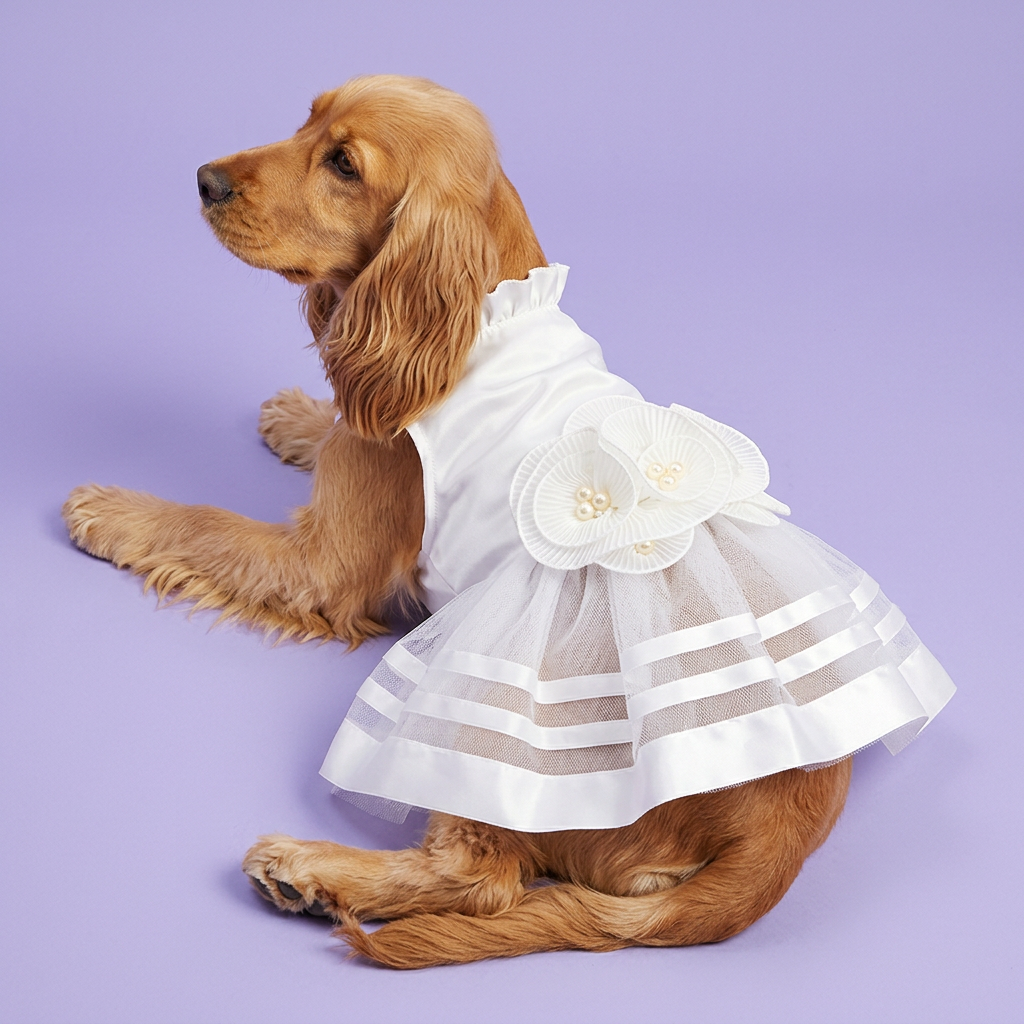Golden cocker spaniel reclining in the white dress