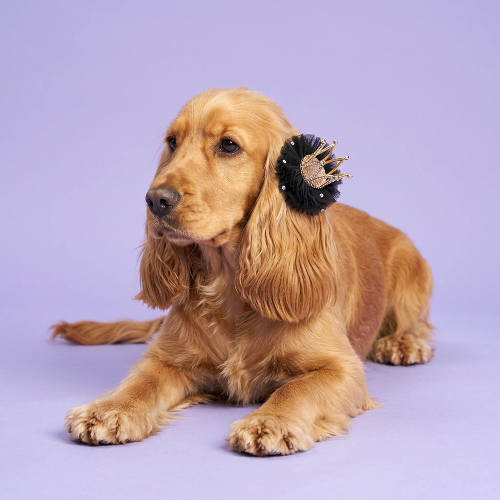 Golden cocker spaniel wearing the black crown clip