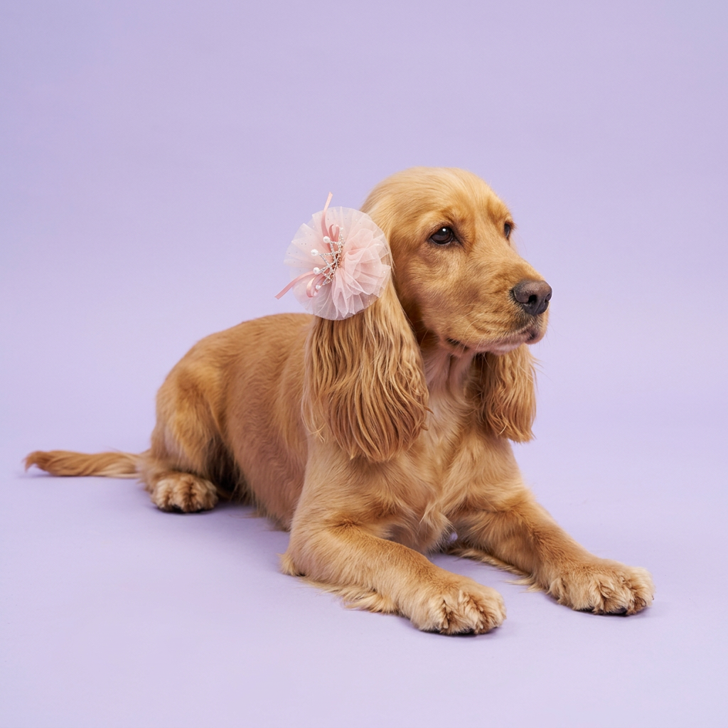 Golden cocker spaniel wearing the pink tulle crown clip