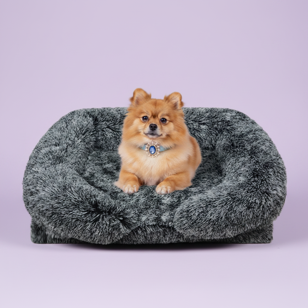 Golden Pomeranian wearing a silver and blue sapphire sunburst pendant collar sitting in a dark charcoal grey long shaggy faux fur rectangular pet sofa bed against a soft lavender background