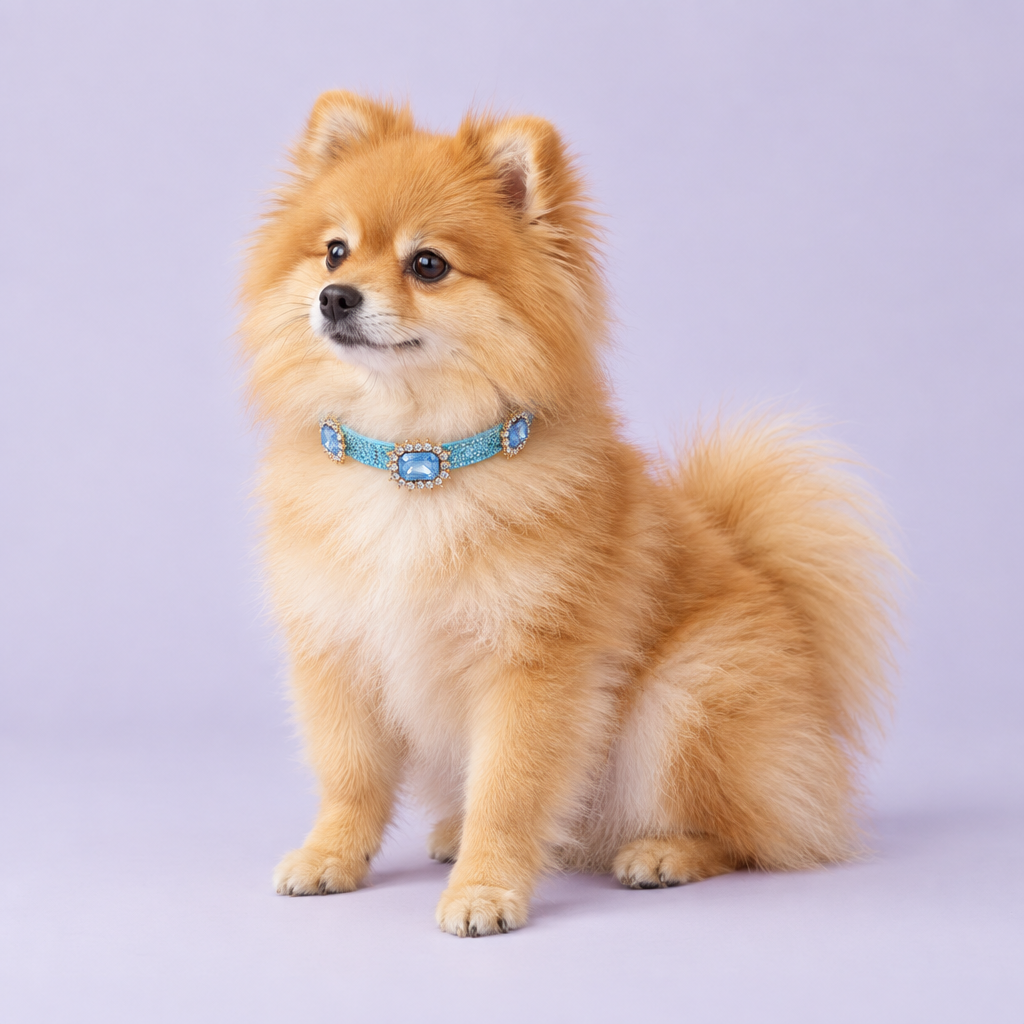 Golden Pomeranian sitting in a three-quarter pose