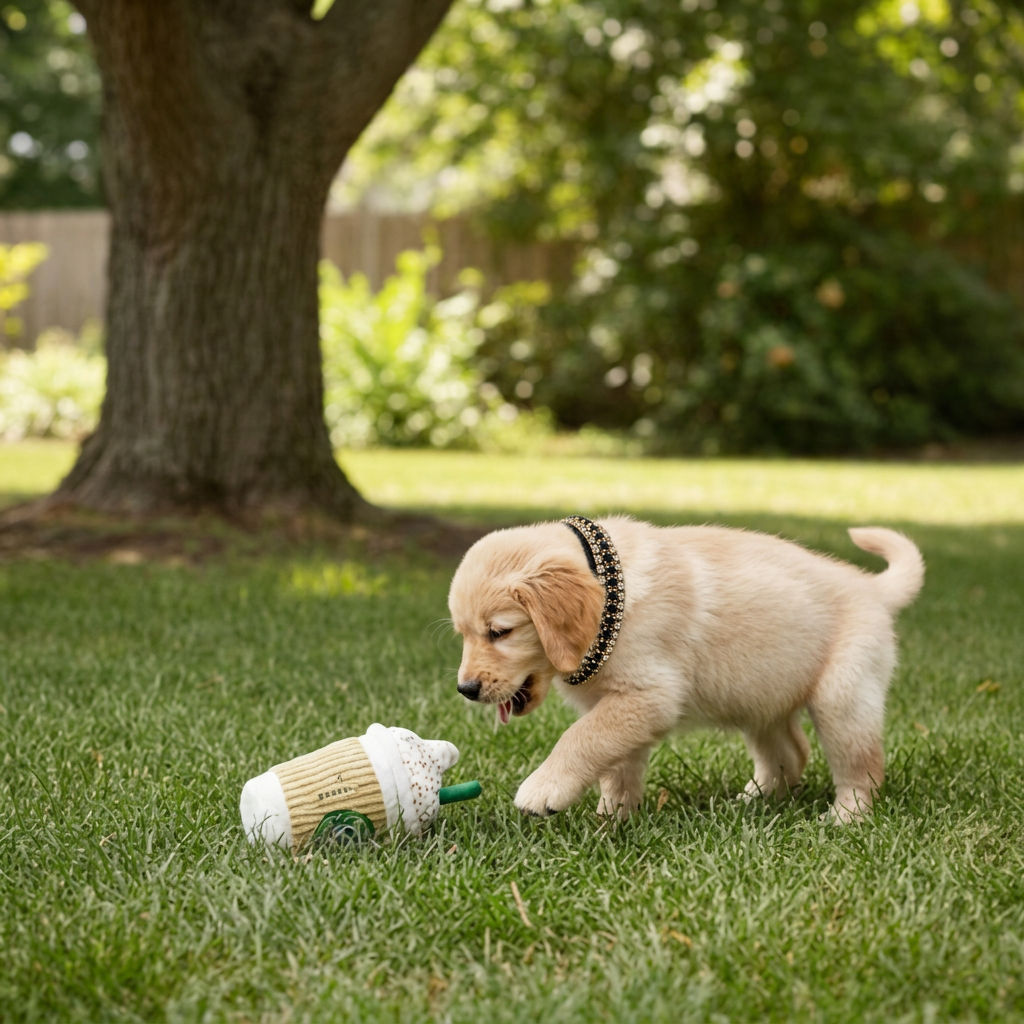 Golden puppy wearing a naturally fitted black jeweled collar while playing with a coffee plush outdoors
