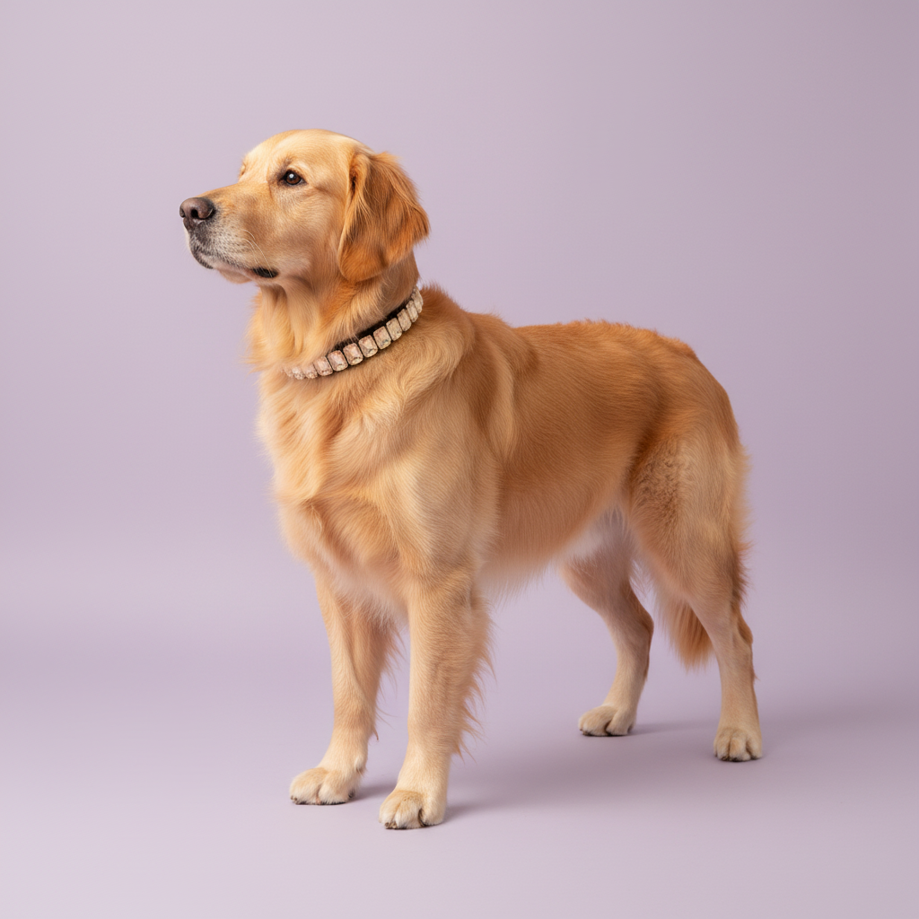 Golden Retriever wearing a cream opal rhinestone collar against a soft lavender studio background.