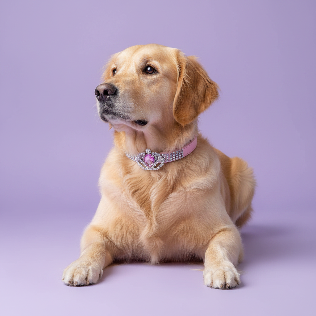 Brown-eyed golden Golden Retriever lying down with front paws extended and gazing upward wearing a pink rhinestone collar with a silver crown centerpiece featuring a faceted pink heart crystal, luxury crown heart crystal dog collar for large breeds on solid lavender background