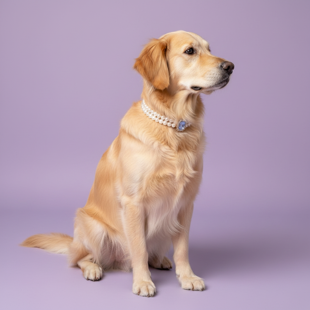 Golden Retriever sitting and wearing a pearl collar with a purple gemstone pendant against a lavender background