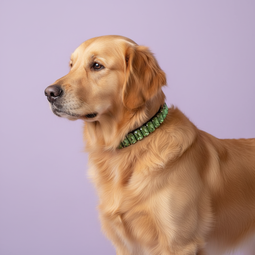 Golden Retriever wearing a green rhinestone collar against a soft lavender studio background.