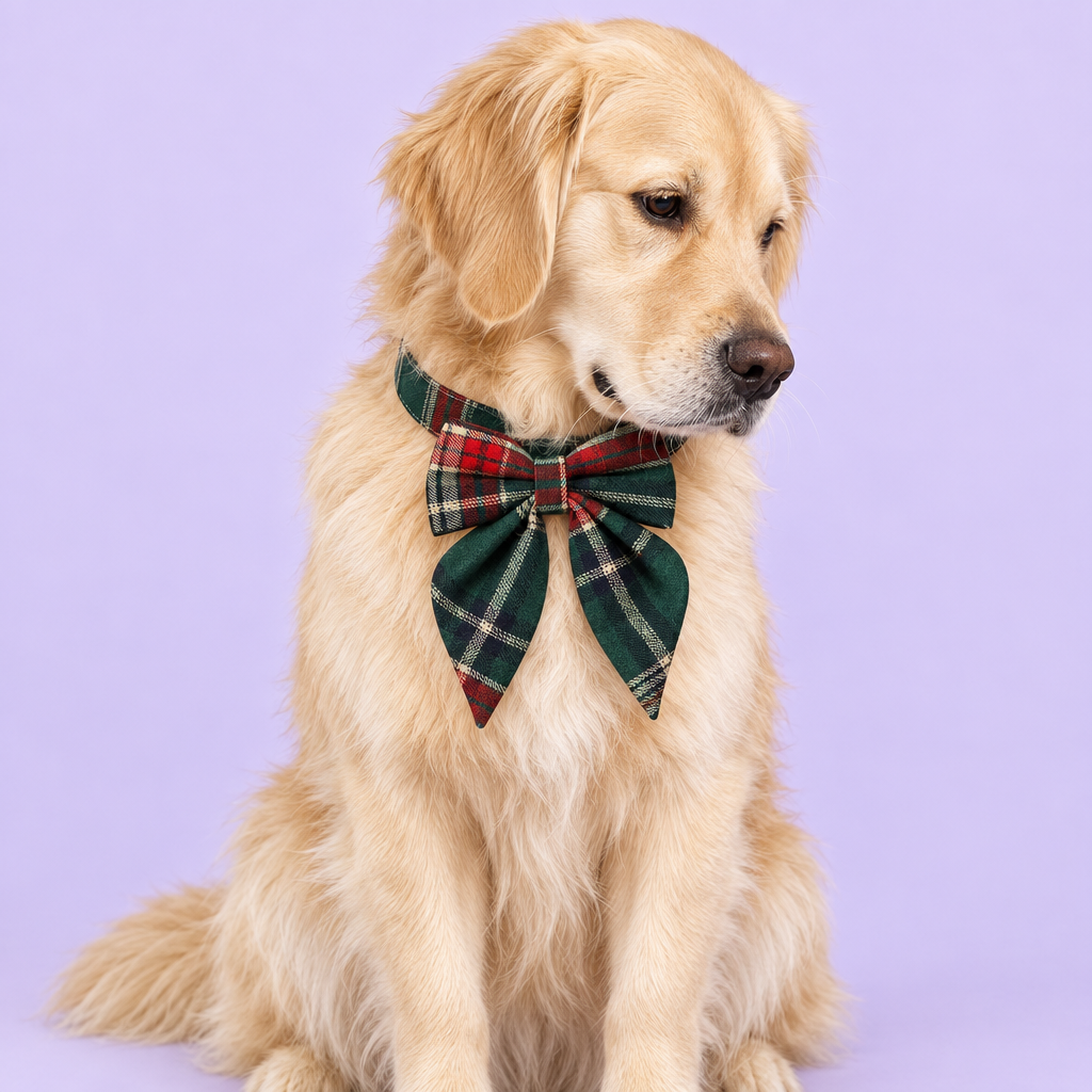 Golden retriever in long-tail plaid bow collar