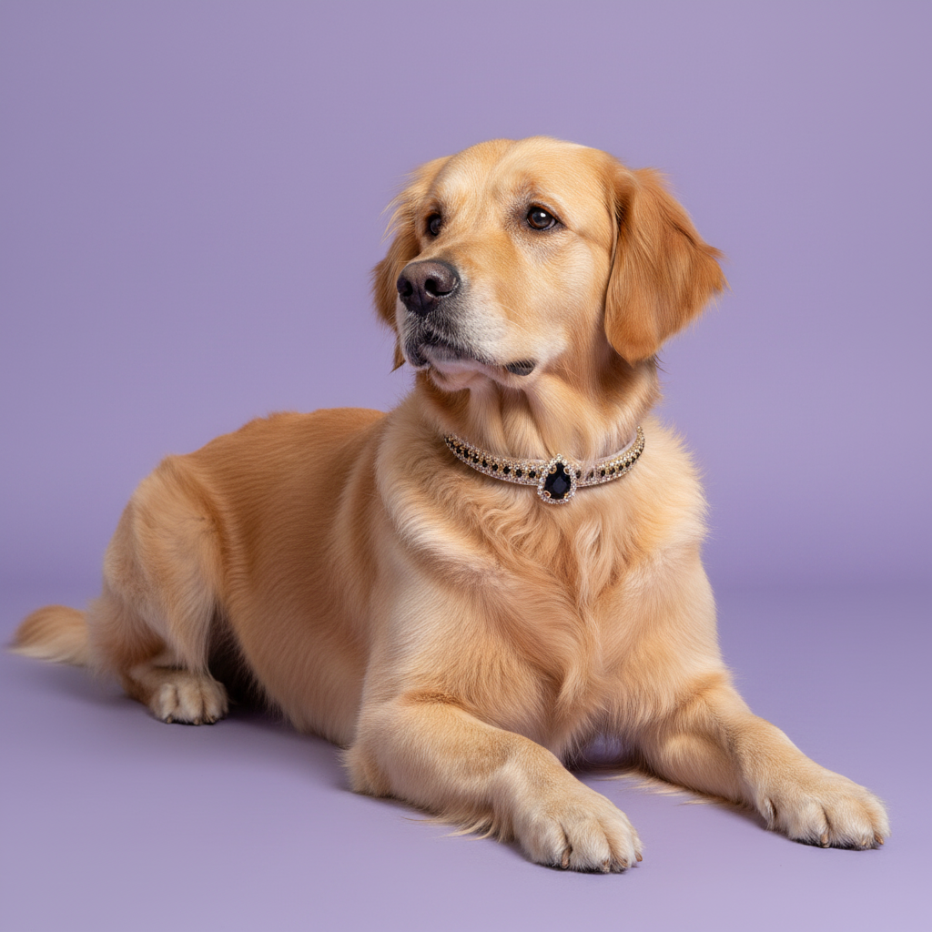 Golden Retriever lying down with head raised and gazing to the side wearing a black rhinestone collar with teardrop black onyx crystal pendant, luxury dark crystal dog collar for large breeds on lavender background
