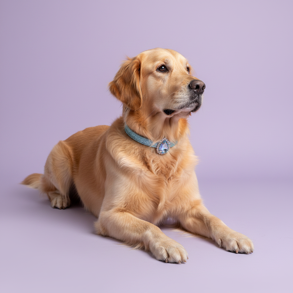Golden Retriever lying down with head raised and gazing to the side wearing a blue glitter rhinestone collar with teardrop blue crystal pendant, luxury bling dog collar for large breeds on lavender background
