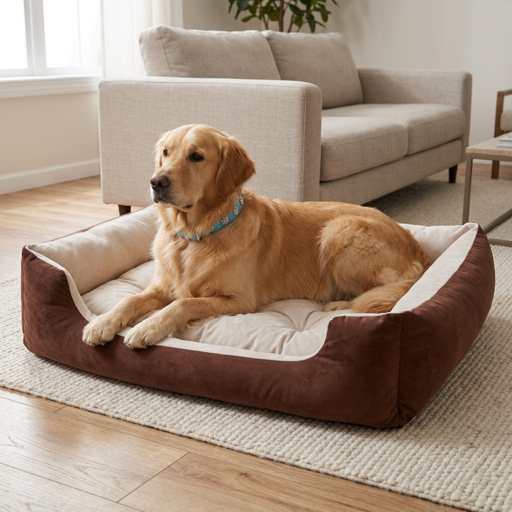 Golden retriever on brown bed in a living room