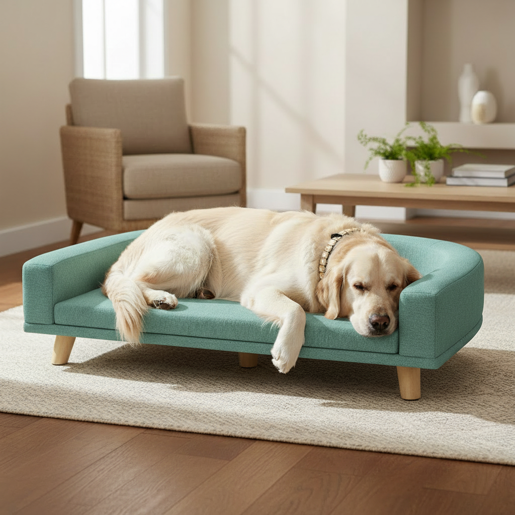 Golden retriever on teal-green couch