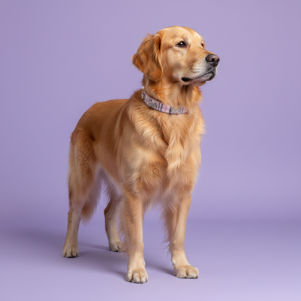 Golden Retriever standing in three-quarter view wearing a pink plaid rhinestone dog collar