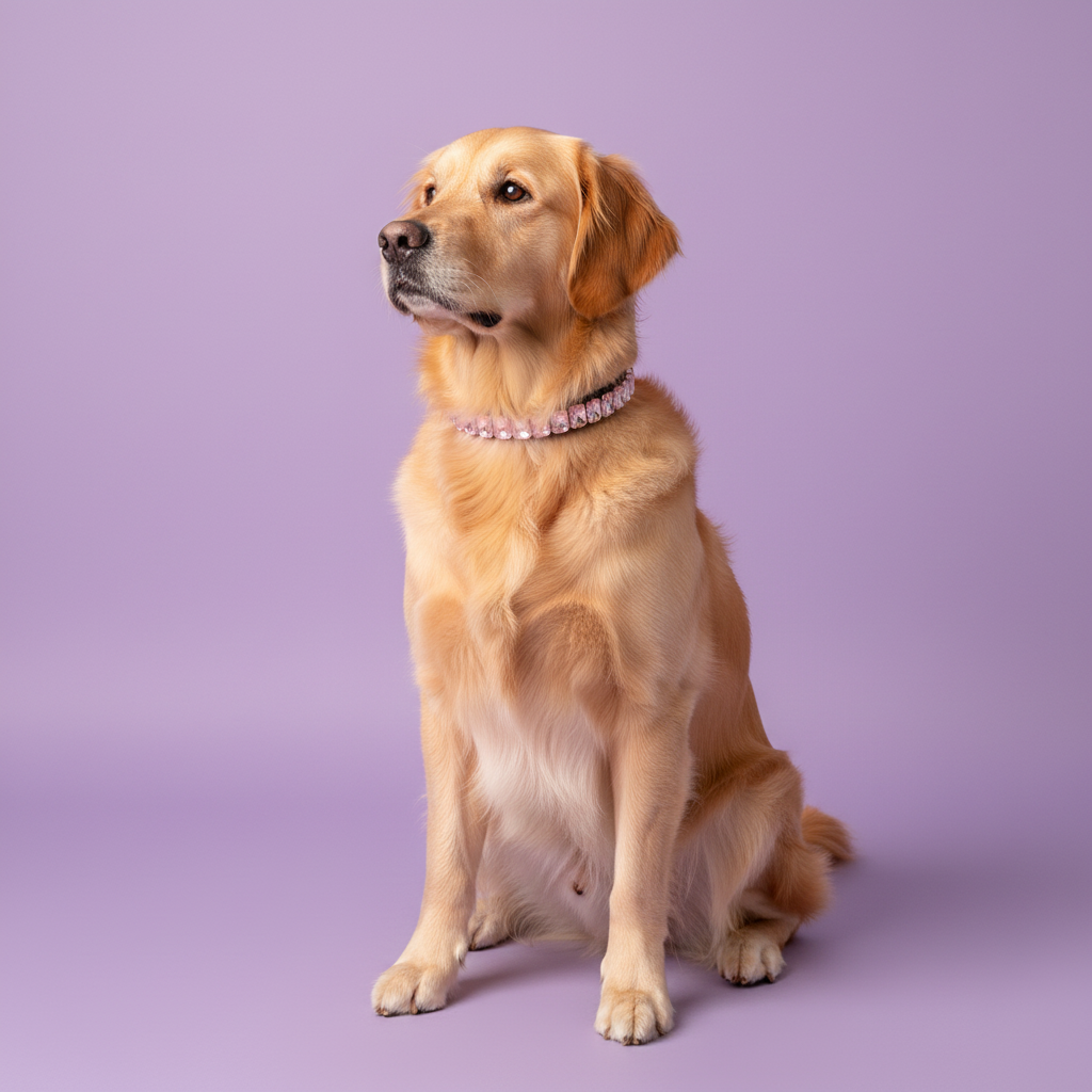 Golden Retriever wearing a pink rhinestone collar against a soft lavender studio background.