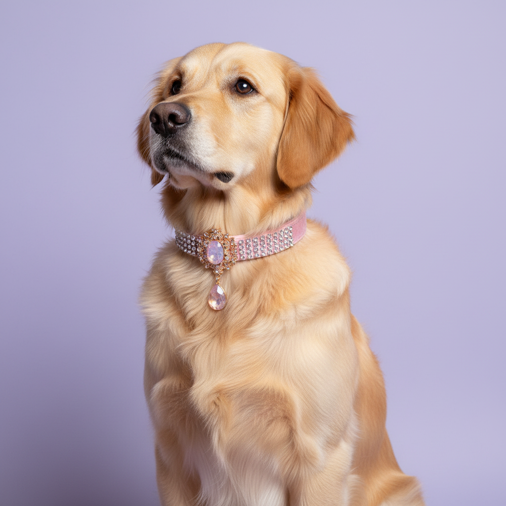 Brown-eyed golden Golden Retriever sitting tall and gazing to the side wearing a pink velvet rhinestone collar with an ornate gold Victorian centerpiece featuring an oval blush rose quartz crystal and a dangling teardrop pink crystal pendant, luxury Victorian crystal dog collar for large breeds on solid lavender background
