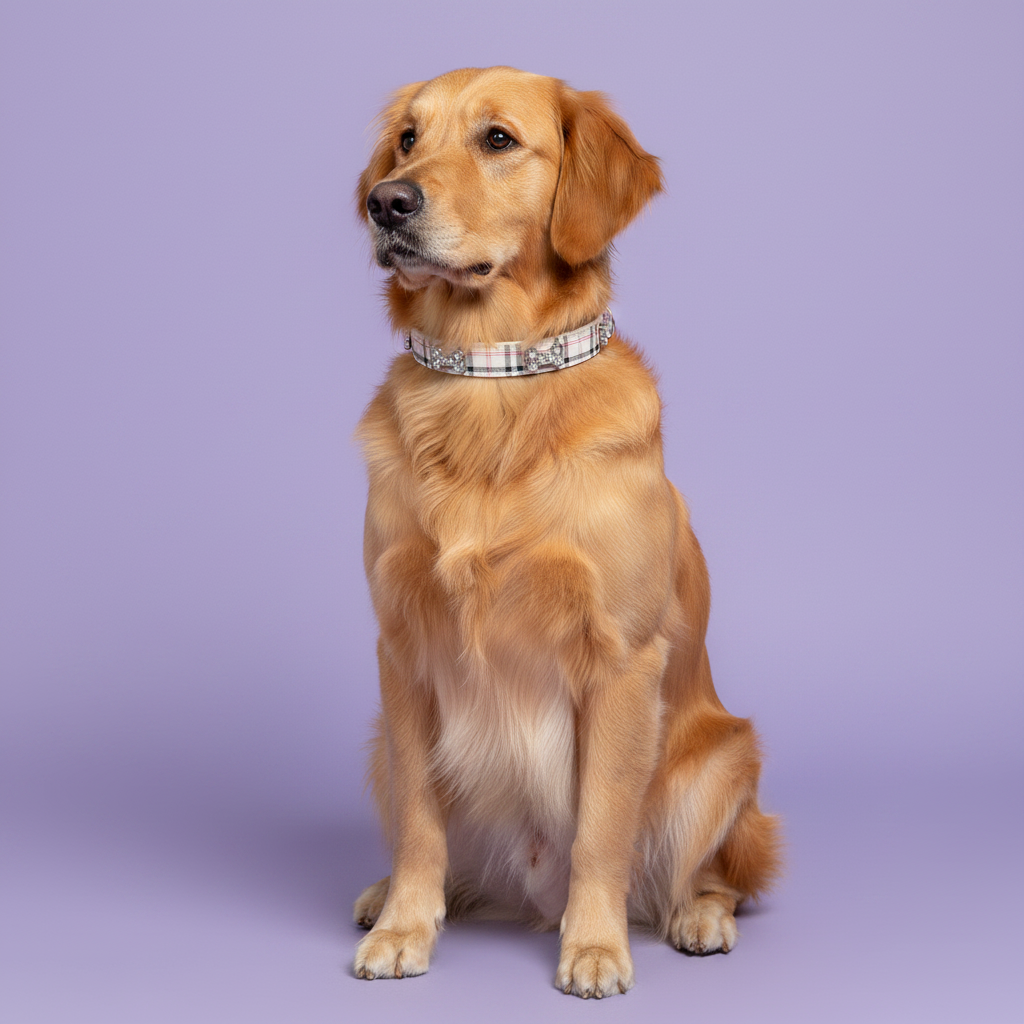 Golden Retriever sitting and gazing to the side wearing a beige plaid rhinestone dog collar