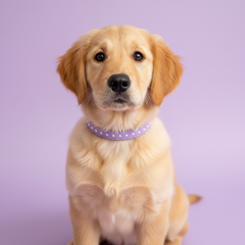 Golden Retriever puppy wearing a lavender purple rhinestone crystal leather dog collar, seated studio portrait on lavender background