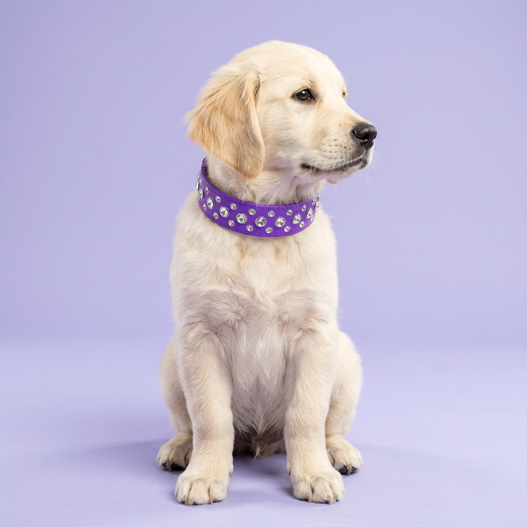 Golden Retriever puppy sitting and gazing aside, wearing the wide purple rhinestone collar