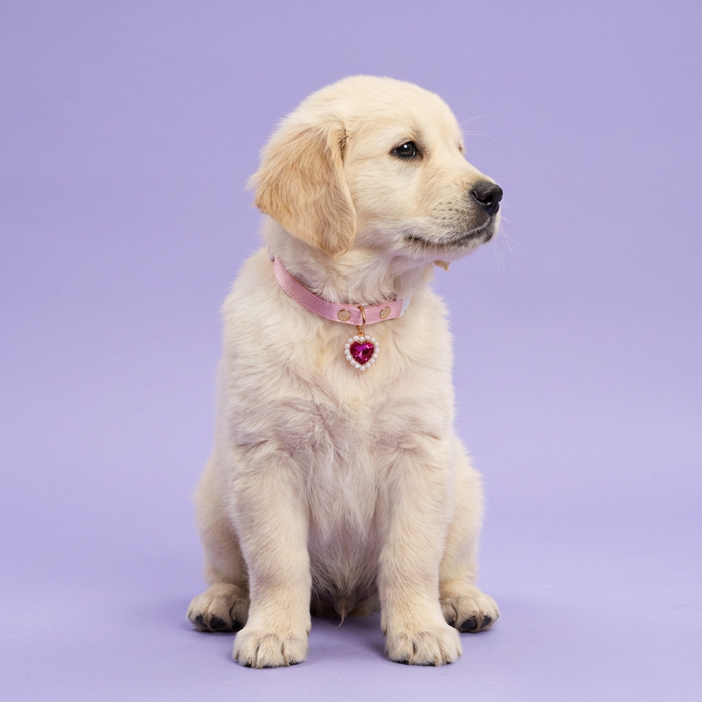 Golden Retriever puppy sitting and gazing off to the side, wearing the pink satin heart-charm collar