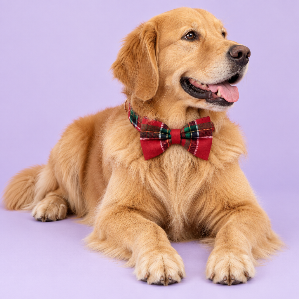 Golden retriever reclining in red tartan bow collar