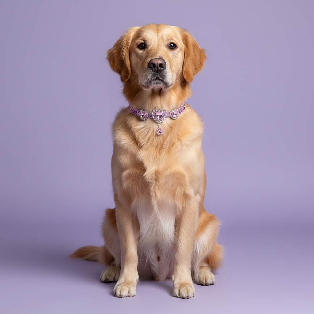 Golden Retriever sitting tall and facing camera wearing a lavender rhinestone collar with three rhinestone-framed light purple heart crystals and a dangling teardrop lavender crystal pendant, luxury heart gem dog collar for large breeds on solid lavender background