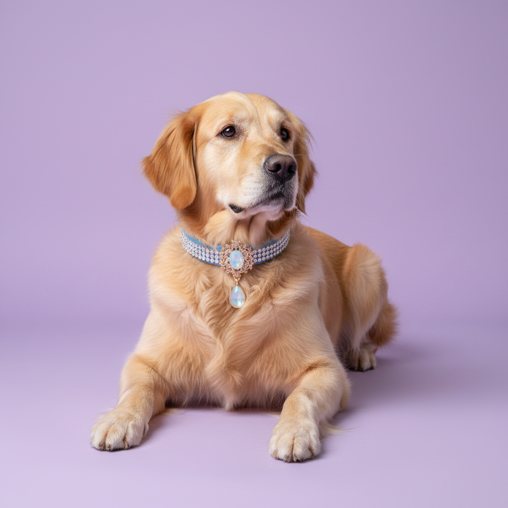 Brown-eyed golden Golden Retriever lying down with front paws extended and gazing to the side wearing a light blue rhinestone collar with an ornate rose gold Victorian centerpiece featuring an oval iridescent opal crystal and a dangling teardrop opal pendant, luxury Victorian opal crystal dog collar for large breeds on solid lavender background