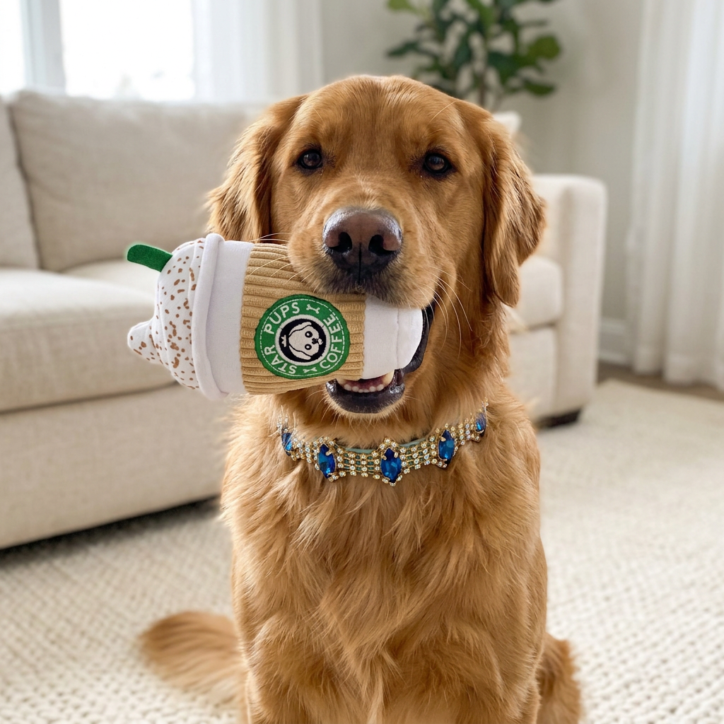 Golden Retriever wearing a blue jeweled collar and holding the coffee plush in a cozy living room