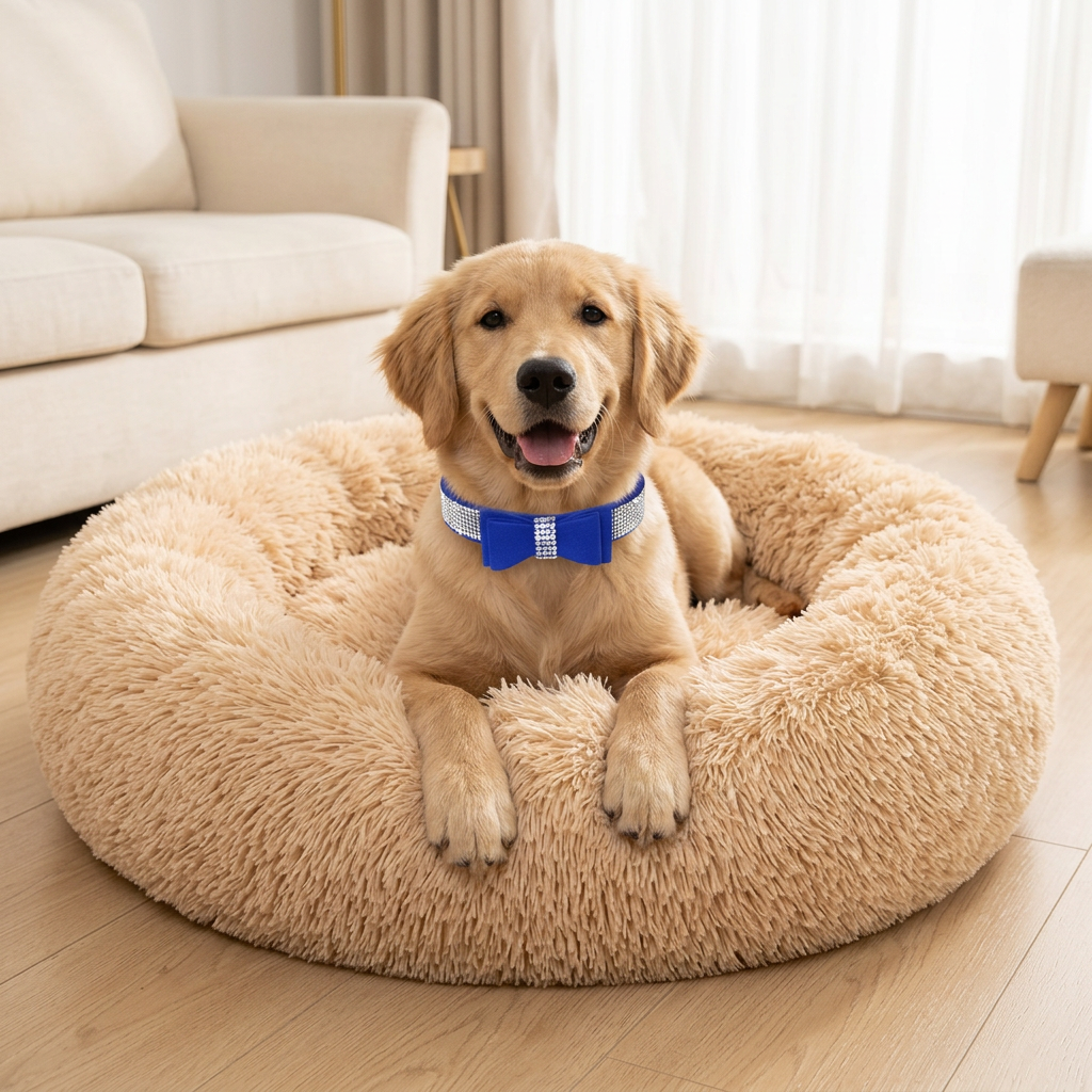 Golden retriever wearing your Blue Crystal Bow collar while lounging in the apricot pet bed