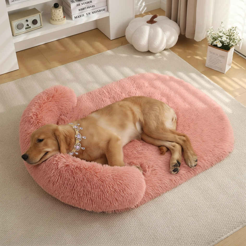 Golden Retriever wearing a silver and crystal jeweled collar sleeping on a blush pink long shaggy faux fur oval donut pet bed placed on a cream area rug on light oak hardwood floors, with a white shelf styled with books and a small radio, white ceramic pumpkin, and a small white floral arrangement in the background