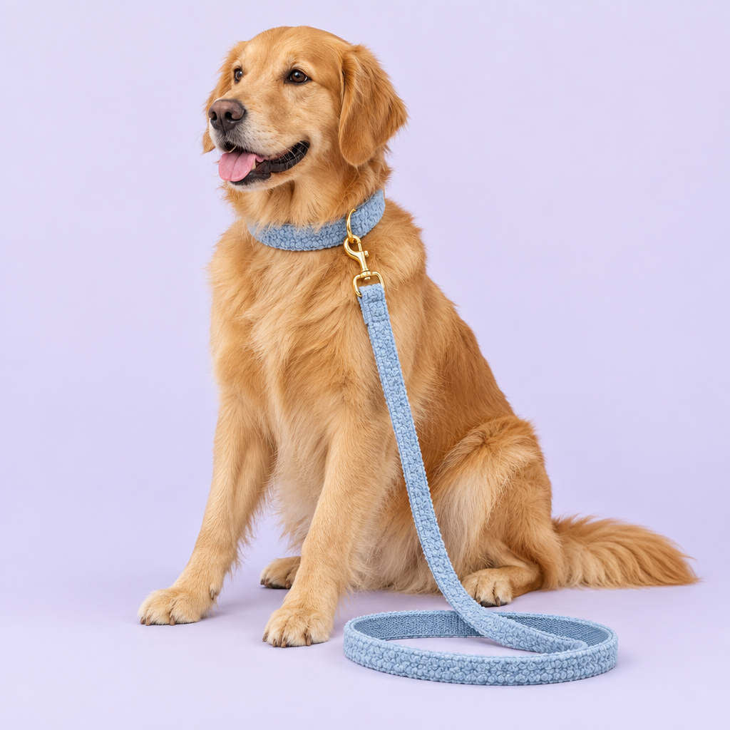 Golden Retriever with light-blue teddy-fleece collar and leash