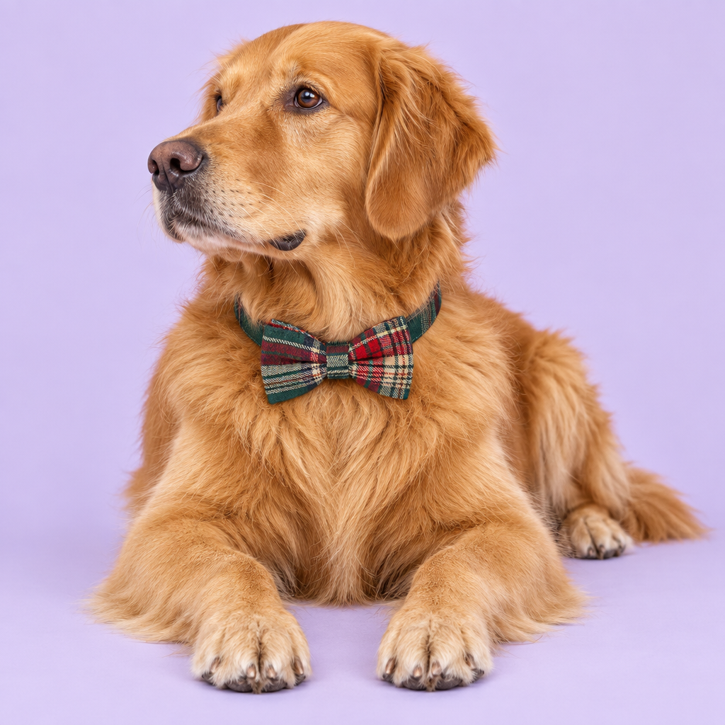 Golden retriever with plaid bow collar