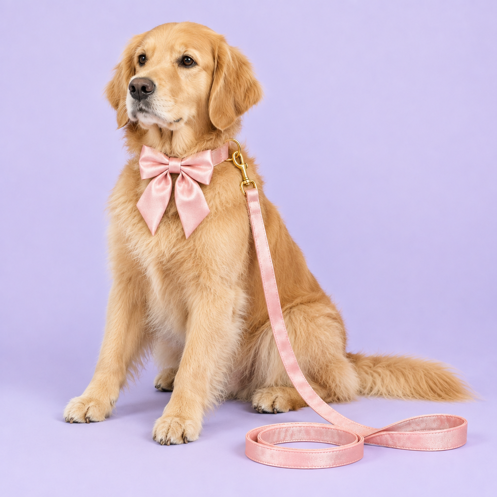 Golden Retriever with silky pink bow collar and leash