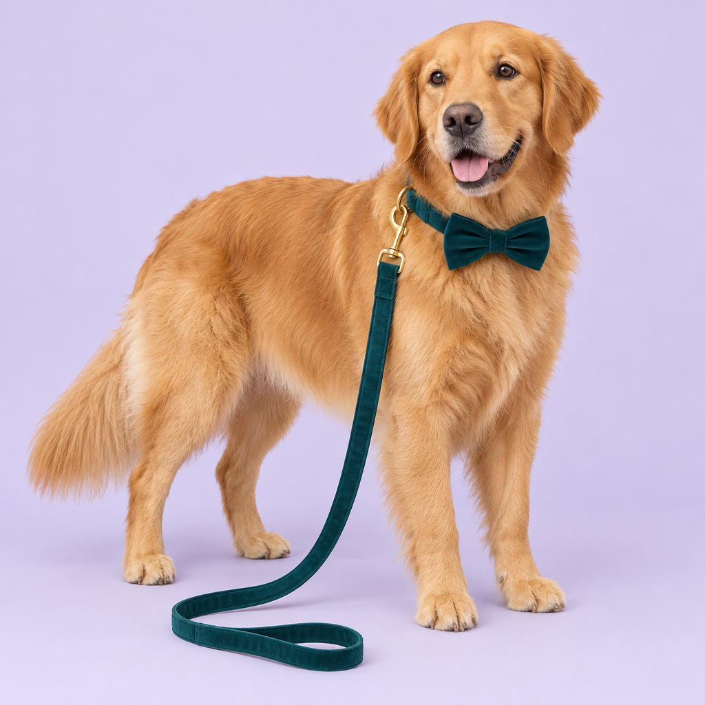 Golden Retriever with teal velvet bow collar and leash
