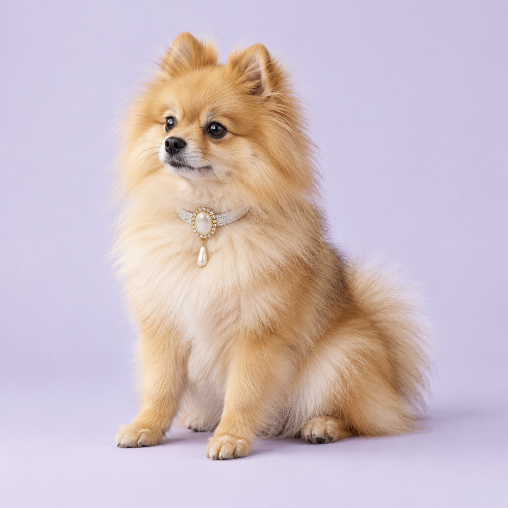 Golden-sable Pomeranian sitting in a three-quarter pose