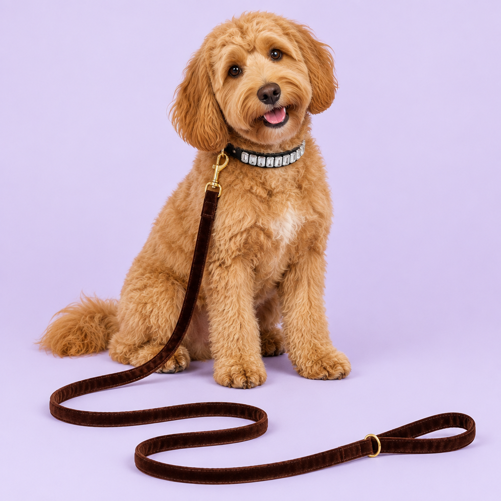 Goldendoodle with clear crystal collar and brown velvet leash