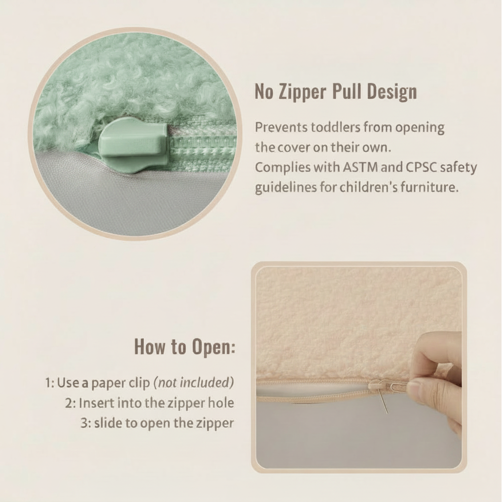 Graphic with the circular inset zipper recolored to match the light sage-green fabric