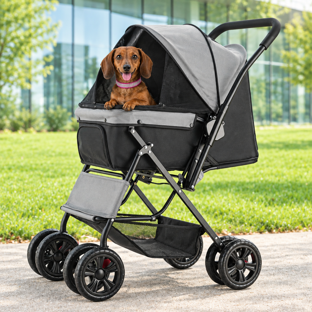 Gray-and-black pet stroller lifestyle image with dachshund