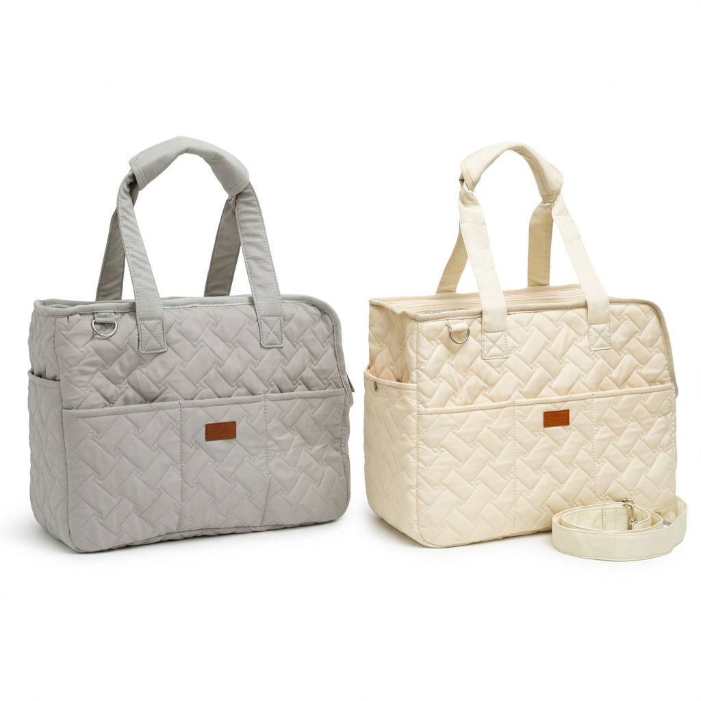Gray and cream quilted carrier bags together on white