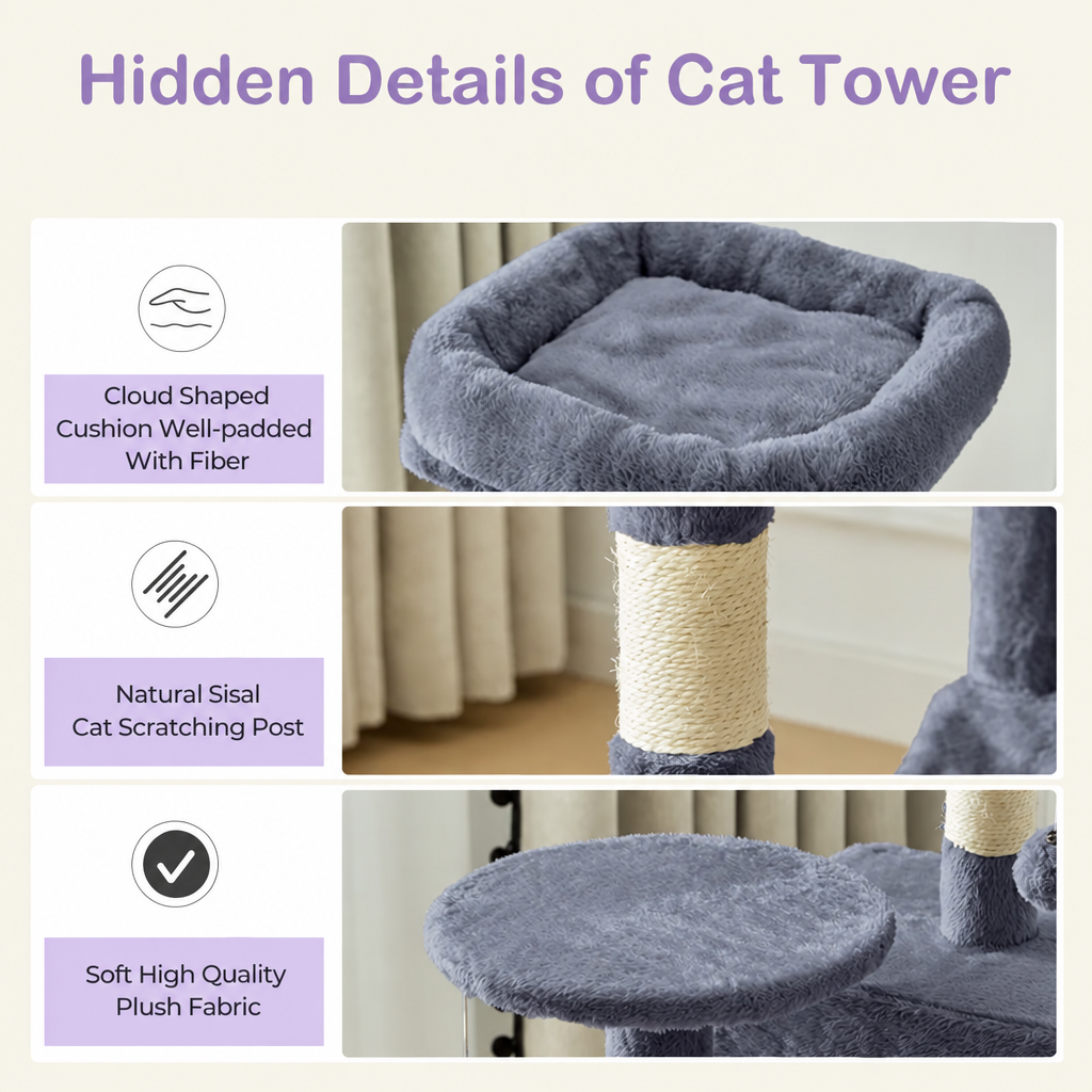 Gray-blue cat tower details graphic with lavender labels