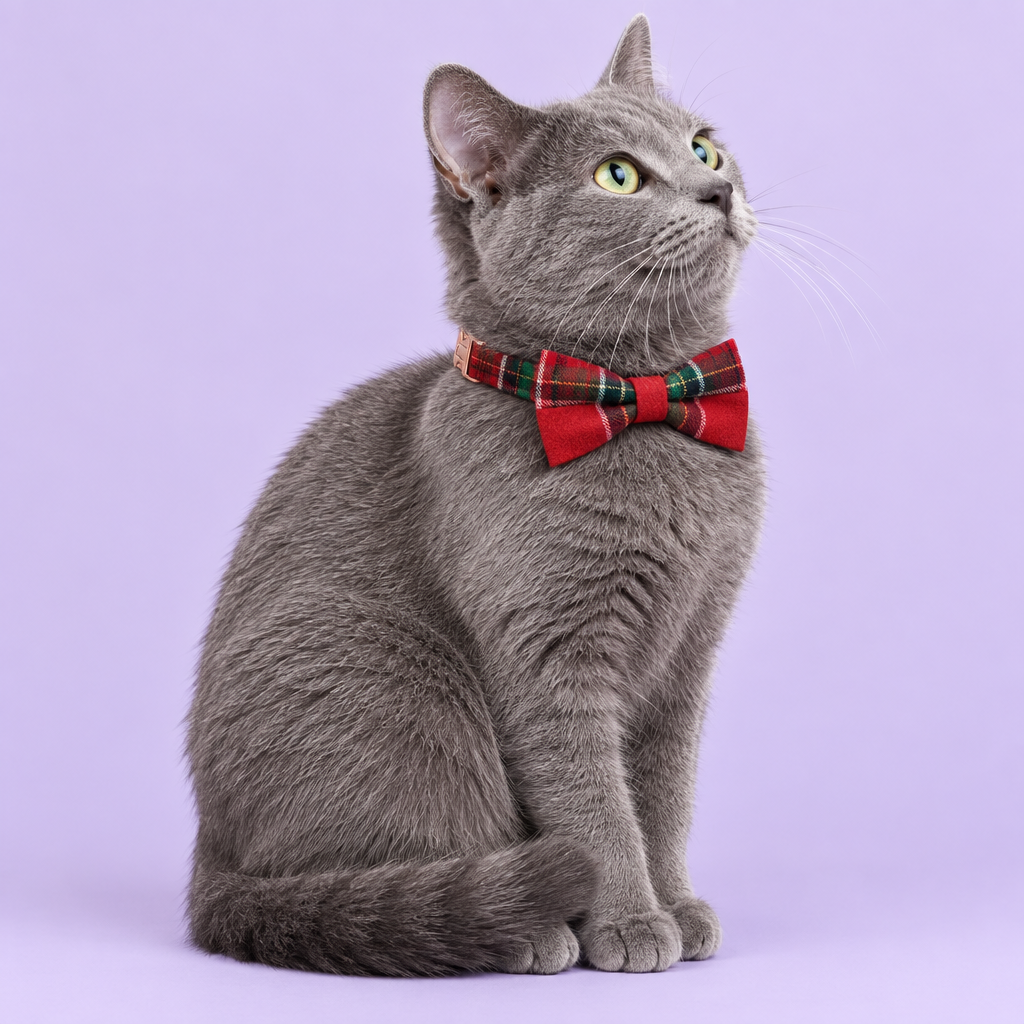 Gray cat sitting side-on in red tartan bow collar