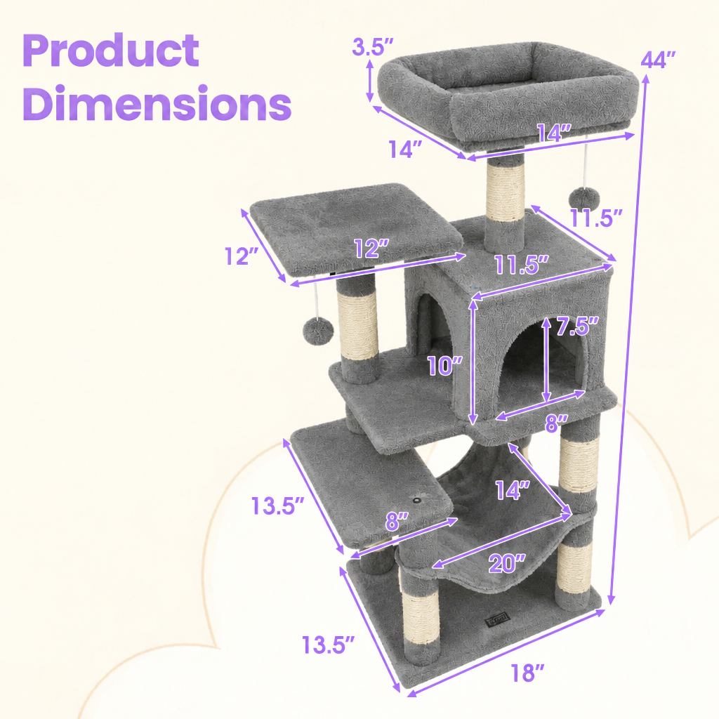 Gray cat tree dimensions graphic