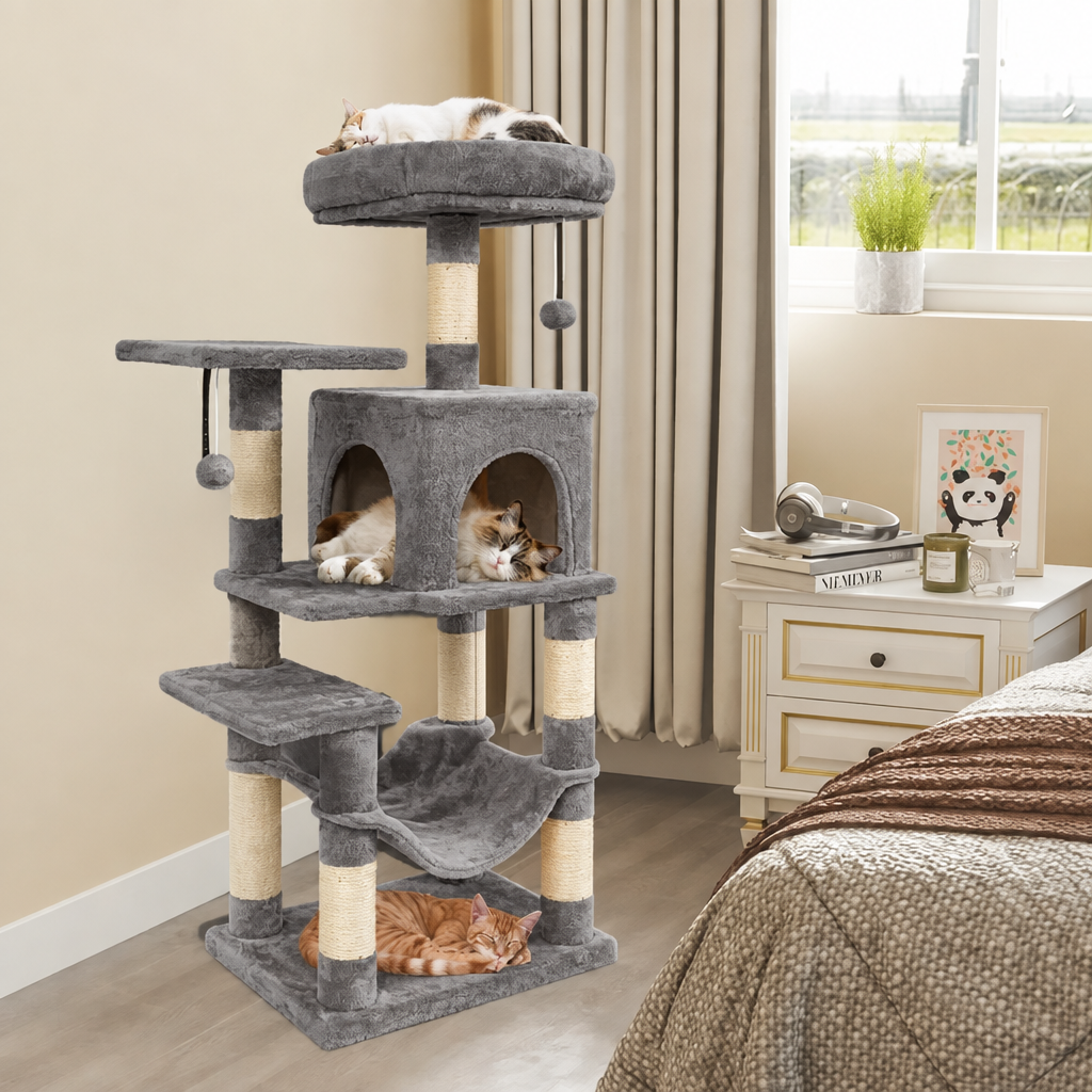 Gray cat tree in a room