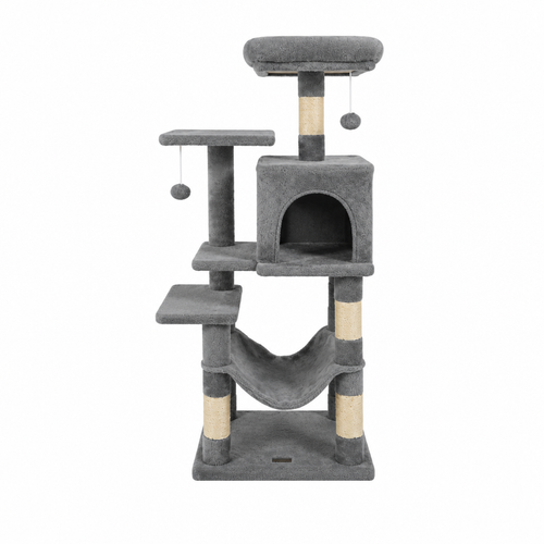 Gray cat tree on white
