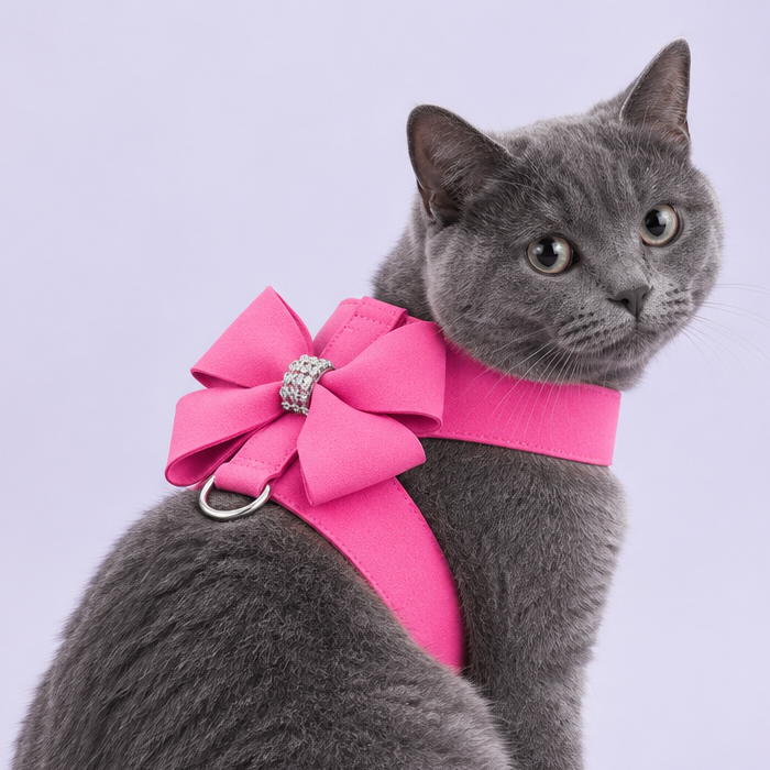 Gray cat wearing pink bow harness