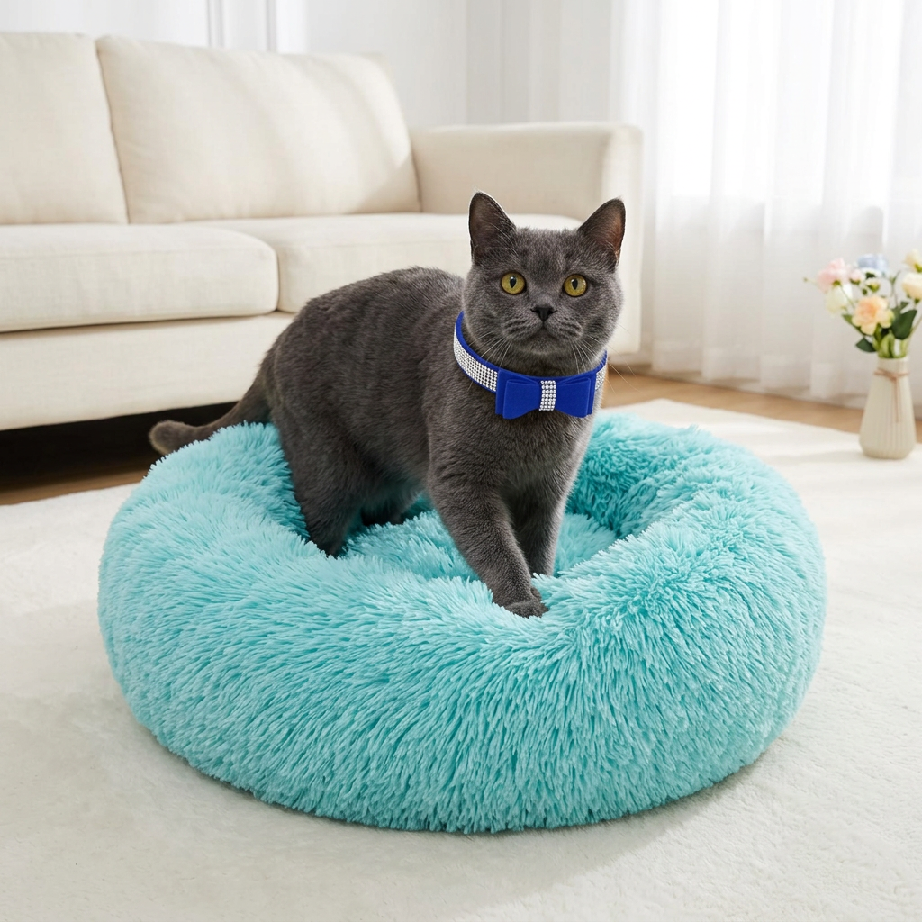 Gray cat wearing your Blue Crystal Bow collar on the turquoise pet bed in a bright living room