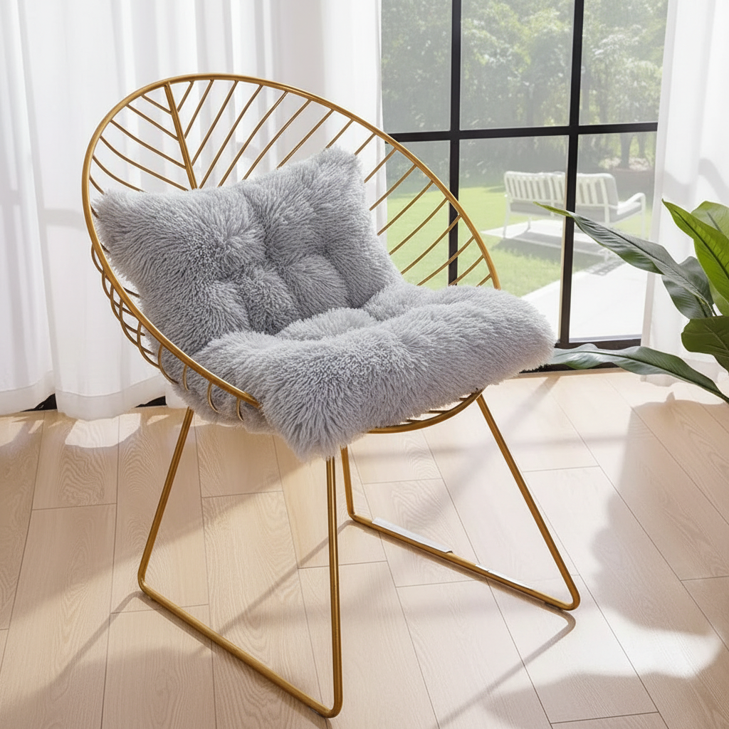 Light silver grey long shaggy faux fur tufted square cushion draped over a gold wire round accent chair in a bright modern living room with sheer white curtains, black-framed floor-to-ceiling windows, light oak hardwood floors, and a tropical plant