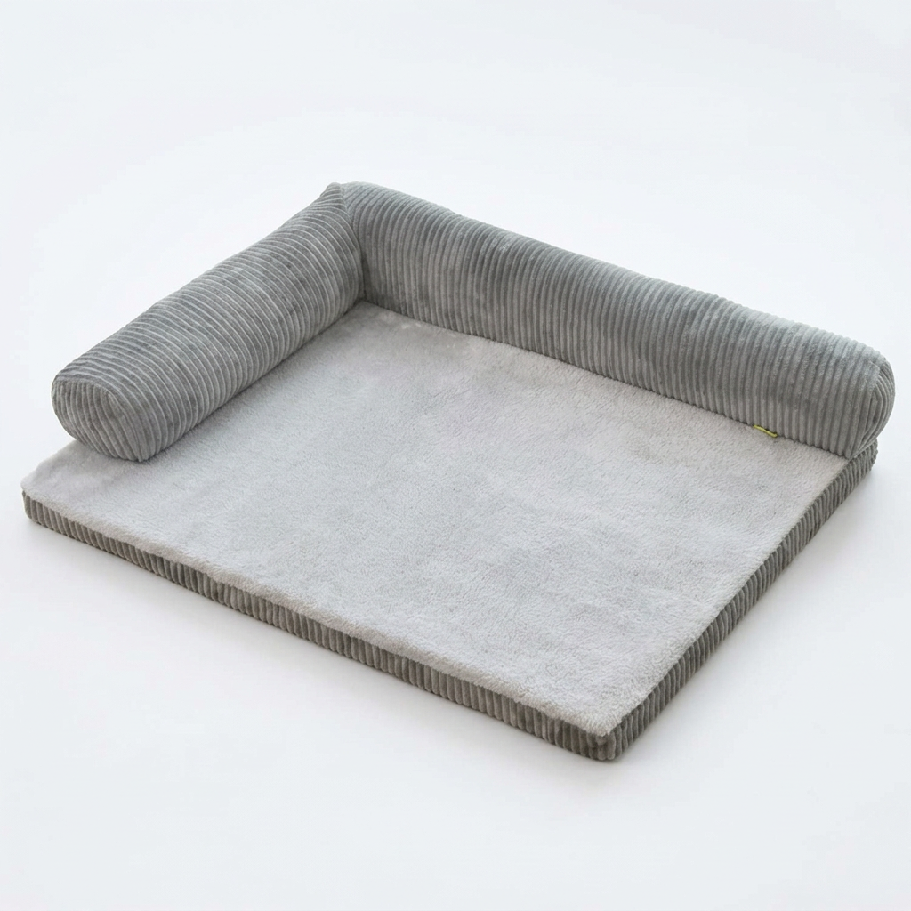 Gray pet bed in an angled view on white