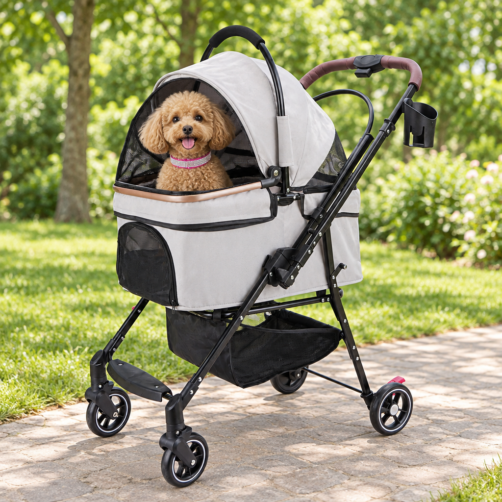 Gray pet stroller outdoors with poodle wearing fuchsia collar