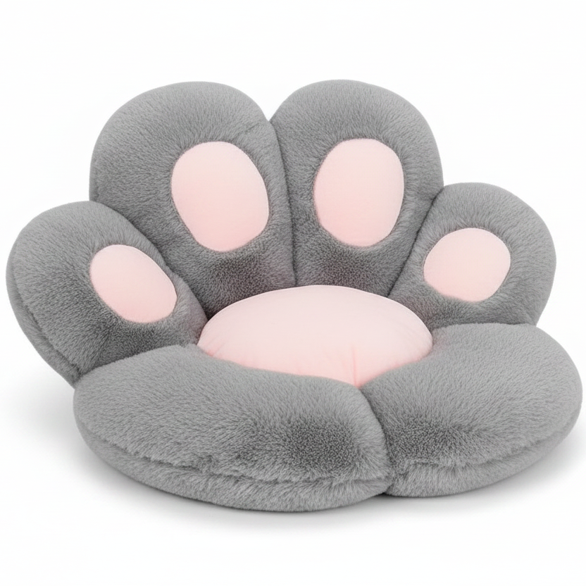 Grey and blush pink plush paw-shaped pet bed cushion with pink toe pad accents, shown at a slight angle on a white background