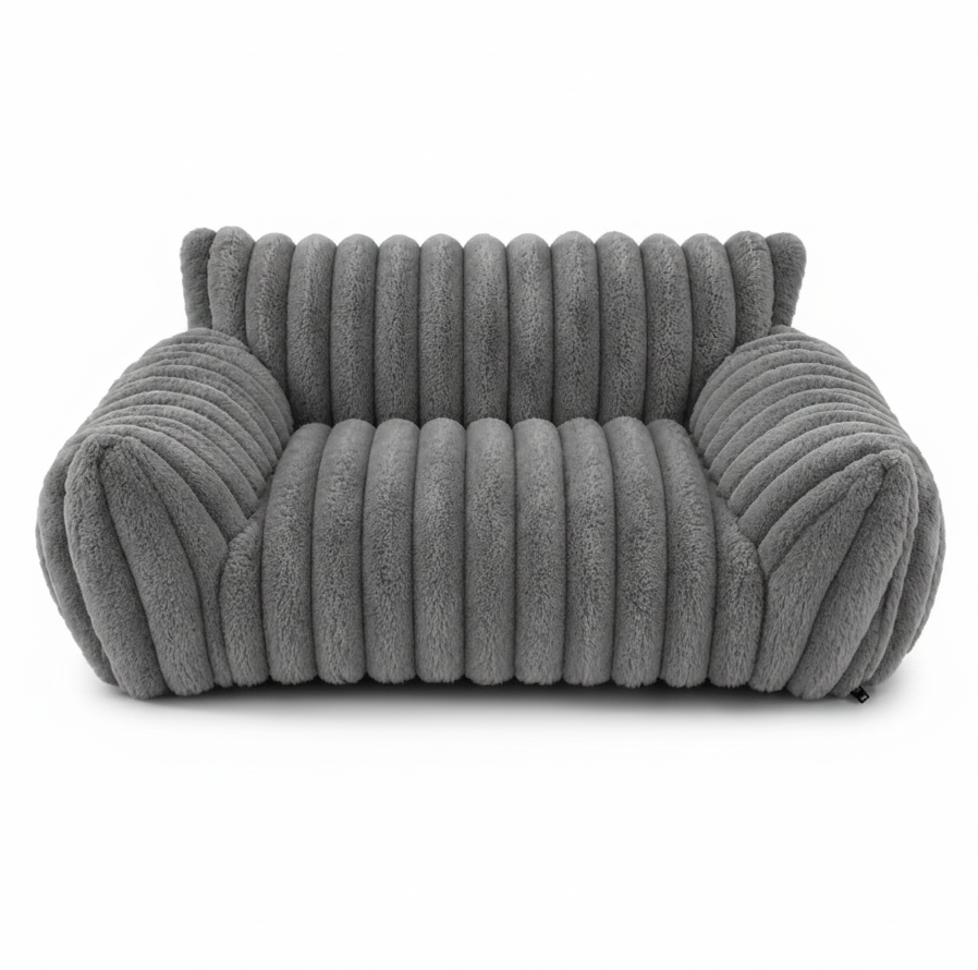 Charcoal grey ribbed channel-tufted plush pet sofa bed with rounded raised back and wide armrests, shown from the front on a white background